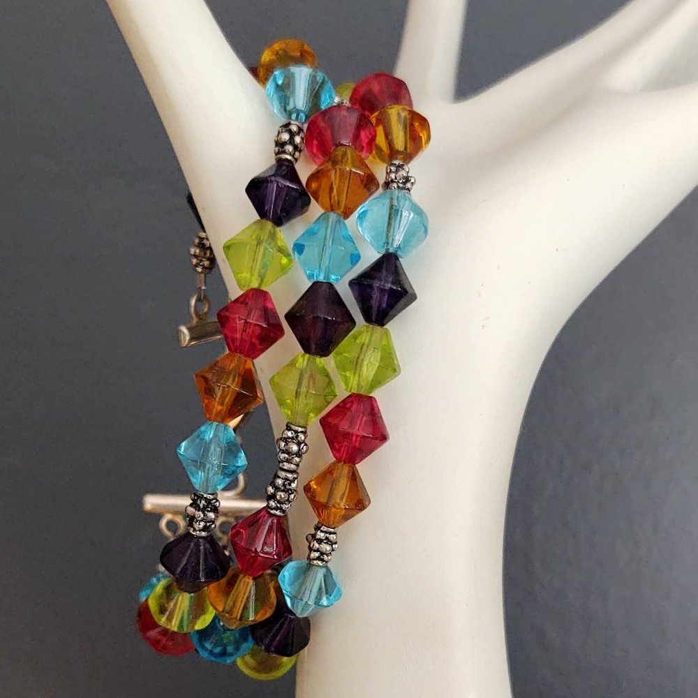 Multi color glass beads and silver 3 strand bracelet